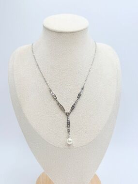 Vintage Silver Tone Rhinestone & Faux Pearl Y-Drop Necklace